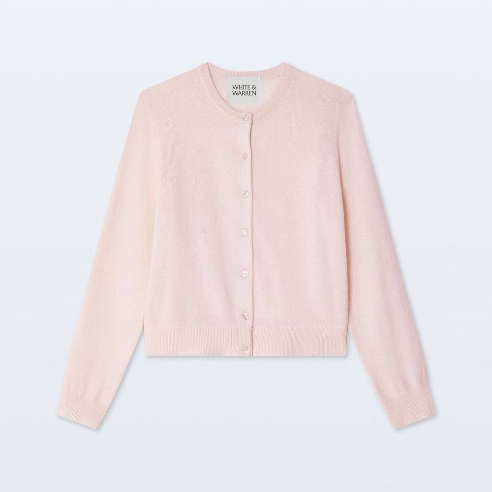 White & Warren Cashmere Crewneck Cardigan Pink XS